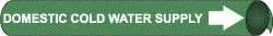 NMC - Pipe Marker with Domestic Cold Water Supply Legend and Arrow Graphic - 1-1/8 to 2-3/8" Pipe Outside Diam, White on Green - USA Tool & Supply