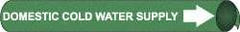 NMC - Pipe Marker with Domestic Cold Water Supply Legend and Arrow Graphic - 4-5/8 to 5-7/8" Pipe Outside Diam, White on Green - USA Tool & Supply