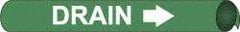NMC - Pipe Marker with Drain Legend and Arrow Graphic - 3-3/8 to 4-1/2" Pipe Outside Diam, White on Green - USA Tool & Supply
