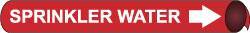 NMC - Pipe Marker with Sprinkler Water Legend and Arrow Graphic - 3-3/8 to 4-1/2" Pipe Outside Diam, White on Red - USA Tool & Supply