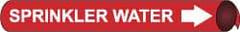 NMC - Pipe Marker with Sprinkler Water Legend and Arrow Graphic - 4-5/8 to 5-7/8" Pipe Outside Diam, White on Red - USA Tool & Supply