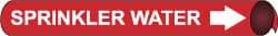 NMC - Pipe Marker with Sprinkler Water Legend and Arrow Graphic - 1-1/8 to 2-3/8" Pipe Outside Diam, White on Red - USA Tool & Supply