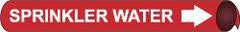 NMC - Pipe Marker with Sprinkler Water Legend and Arrow Graphic - 3-3/8 to 4-1/2" Pipe Outside Diam, White on Red - USA Tool & Supply