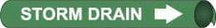 NMC - Pipe Marker with Storm Drain Legend and Arrow Graphic - 3-3/8 to 4-1/2" Pipe Outside Diam, White on Green - USA Tool & Supply