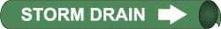 NMC - Pipe Marker with Storm Drain Legend and Arrow Graphic - 2-1/2 to 3-1/4" Pipe Outside Diam, White on Green - USA Tool & Supply