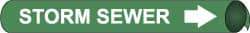 NMC - Pipe Marker with Storm Sewer Legend and Arrow Graphic - 4-5/8 to 5-7/8" Pipe Outside Diam, White on Green - USA Tool & Supply