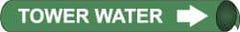 NMC - Pipe Marker with Tower Water Legend and Arrow Graphic - 2-1/2 to 3-1/4" Pipe Outside Diam, White on Green - USA Tool & Supply