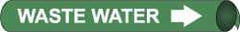 NMC - Pipe Marker with Waste Water Legend and Arrow Graphic - 2-1/2 to 3-1/4" Pipe Outside Diam, White on Green - USA Tool & Supply