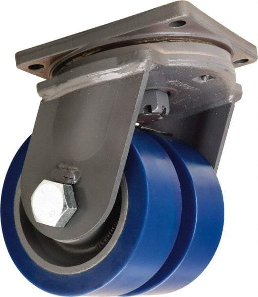 Hamilton - 8" Diam x 3" Wide x 11" OAH Top Plate Mount Dual Swivel Caster - Polyurethane Mold on Forged Steel, 7,000 Lb Capacity, Tapered Roller Bearing, 8-1/2 x 8-1/2" Plate - USA Tool & Supply