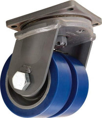Hamilton - 8" Diam x 3" Wide x 11" OAH Top Plate Mount Dual Swivel Caster - Polyurethane Mold on Forged Steel, 7,000 Lb Capacity, Tapered Roller Bearing, 8-1/2 x 8-1/2" Plate - USA Tool & Supply