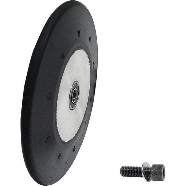 Dynabrade - 4" Diam x 1/2" Wide Contact Wheel Assembly - 1/4" Arbor Hole, Radiused, 70 Duro Rubber Face - USA Tool & Supply