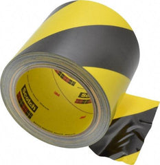 3M - Black & Yellow Striped Vinyl Tape - 4" Wide x 108' Long x 5.4 mil Thick, General Traffic - USA Tool & Supply