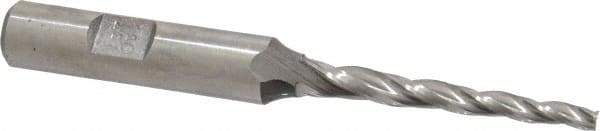 Made in USA - 1.5° Taper Angle per Side, 1/8" Small End Diam, 1-1/2" LOC, High Speed Steel 3 Flute Tapered Square End Mill - 3-1/4" OAL, 3/8" Shank Diam, Spiral Flute - USA Tool & Supply