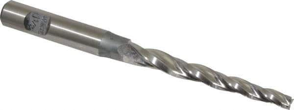 Made in USA - 1.5° Taper Angle per Side, 3/16" Small End Diam, 2-1/4" LOC, High Speed Steel 3 Flute Tapered Square End Mill - 4-1/4" OAL, 3/8" Shank Diam, Spiral Flute - USA Tool & Supply