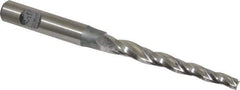 Made in USA - 1.5° Taper Angle per Side, 3/16" Small End Diam, 2-1/4" LOC, High Speed Steel 3 Flute Tapered Square End Mill - 4-1/4" OAL, 3/8" Shank Diam, Spiral Flute - USA Tool & Supply