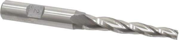 Made in USA - 2° Taper Angle per Side, 1/4" Small End Diam, 2-1/4" LOC, High Speed Steel 3 Flute Tapered Square End Mill - 4-1/4" OAL, 1/2" Shank Diam, Spiral Flute - USA Tool & Supply