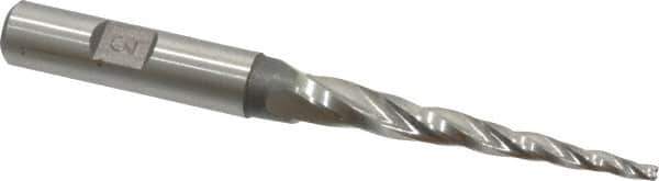Made in USA - 3° Taper Angle per Side, 3/32" Small End Diam, 2" LOC, High Speed Steel 3 Flute Tapered Square End Mill - 3-3/4" OAL, 3/8" Shank Diam, Spiral Flute - USA Tool & Supply