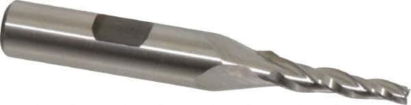 Made in USA - 3° Taper Angle per Side, 1/8" Small End Diam, 3/4" LOC, High Speed Steel 3 Flute Tapered Square End Mill - 2-7/8" OAL, 3/8" Shank Diam, Spiral Flute - USA Tool & Supply