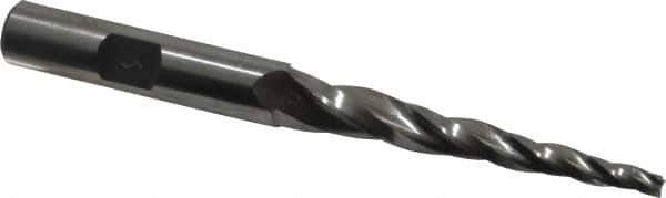 Made in USA - 3° Taper Angle per Side, 1/8" Small End Diam, 2" LOC, High Speed Steel 3 Flute Tapered Square End Mill - 3-3/4" OAL, 3/8" Shank Diam, Spiral Flute - USA Tool & Supply