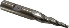 Made in USA - 7° Taper Angle per Side, 1/8" Small End Diam, 1-1/2" LOC, High Speed Steel 3 Flute Tapered Square End Mill - 3-1/4" OAL, 1/2" Shank Diam, Spiral Flute - USA Tool & Supply