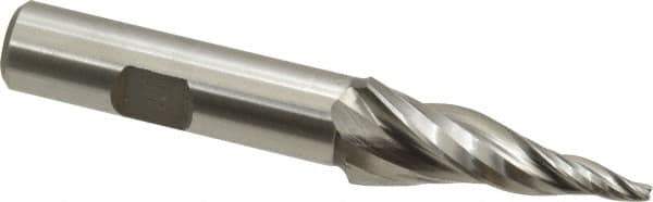 Made in USA - 10° Taper Angle per Side, 3/32" Small End Diam, 1-1/2" LOC, High Speed Steel 3 Flute Tapered Square End Mill - 3-1/2" OAL, 1/2" Shank Diam, Spiral Flute - USA Tool & Supply