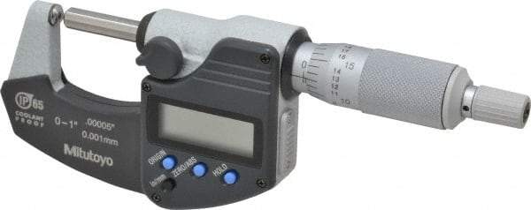 Mitutoyo - 25.4mm Max Measurement, Spherical Face Micrometer - Accuracy Up to 0.0001 Inch, Data Output, 0.0001 Inch Resolution, Electronic Operation, Ratchet Stop Thimble, IP65 Water Resistance Rating, SR44 Battery - USA Tool & Supply