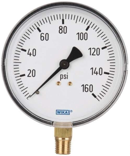 Wika - 4" Dial, 1/4 Thread, 0-160 Scale Range, Pressure Gauge - Lower Connection Mount, Accurate to 3-2-3% of Scale - USA Tool & Supply