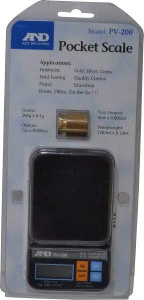A&D Engineering - 0.2 Kg Capacity, LCD Pocket Scale - 0.1 g & 0.005 oz Graduation, Battery - USA Tool & Supply