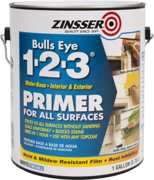 Zinsser - 1 Gal Flat White Water-Based Acrylic Enamel Primer - 350 to 450 Sq Ft Coverage, 84 gL Content, Quick Drying - USA Tool & Supply