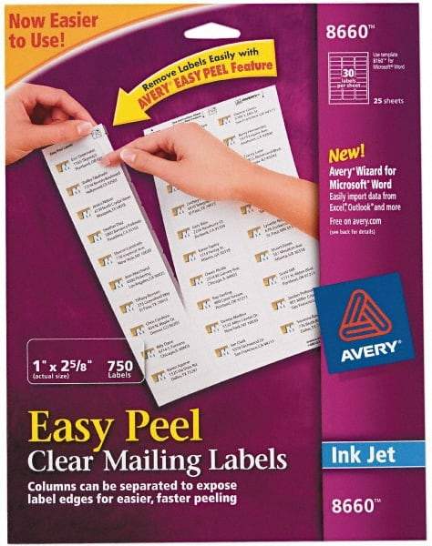 AVERY - 1" Wide x 2-5/8" Long, Clear Shipping Label - For Inkjet Printers - USA Tool & Supply