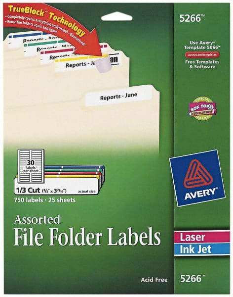 AVERY - 0.6" Wide x 3-7/16" Long, White/Blue/Green/Red/Yellow Paper File Folder Label - For Laser/Inkjet Printers - USA Tool & Supply