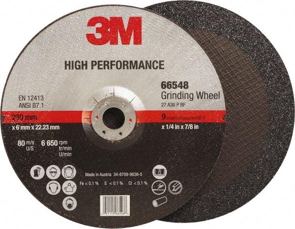 3M - 36 Grit, 9" Wheel Diam, 1/4" Wheel Thickness, 7/8" Arbor Hole, Type 27 Depressed Center Wheel - Ceramic, Resinoid Bond, 6,650 Max RPM, Compatible with Angle Grinder - USA Tool & Supply