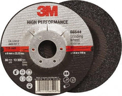 3M - 36 Grit, 4-1/2" Wheel Diam, 1/4" Wheel Thickness, 7/8" Arbor Hole, Type 27 Depressed Center Wheel - Ceramic, Resinoid Bond, 13,300 Max RPM, Compatible with Angle Grinder - USA Tool & Supply