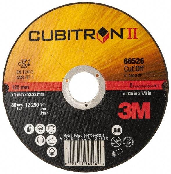 3M - 5" 60 Grit Ceramic Cutoff Wheel - 0.045" Thick, 7/8" Arbor, 12,250 Max RPM, Use with Angle Grinders - USA Tool & Supply