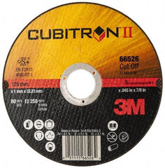 3M - 5" 60 Grit Ceramic Cutoff Wheel - 0.045" Thick, 7/8" Arbor, 12,250 Max RPM, Use with Angle Grinders - USA Tool & Supply