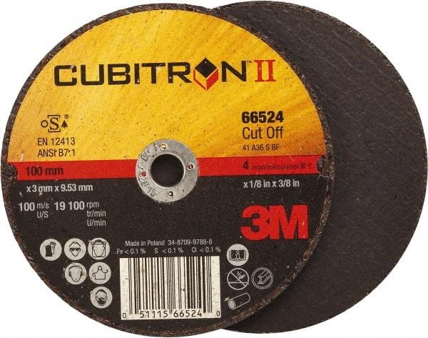 3M - 4" 36 Grit Ceramic Cutoff Wheel - 1/8" Thick, 3/8" Arbor, 19,100 Max RPM, Use with Angle Grinders - USA Tool & Supply