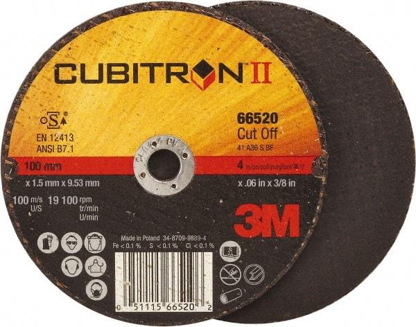 3M - 4" 36 Grit Ceramic Cutoff Wheel - 0.06" Thick, 3/8" Arbor, 19,100 Max RPM, Use with Angle Grinders - USA Tool & Supply