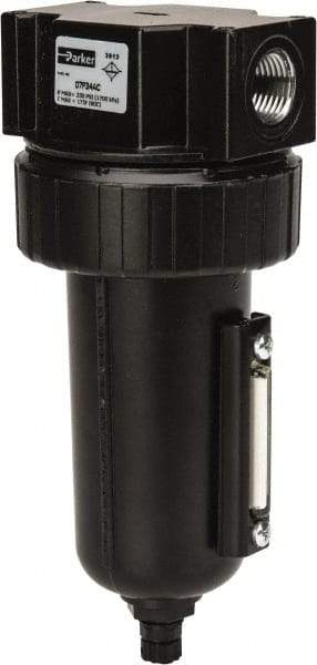 Parker - 1/2" Port, 7.67" High x 3.24" Wide Standard Filter with Metal Bowl, Manual Drain - 130 SCFM, 250 Max psi, 175°F Max Temp, Sight Glass Included, Modular Connection, 7.2 oz Bowl Capacity - USA Tool & Supply