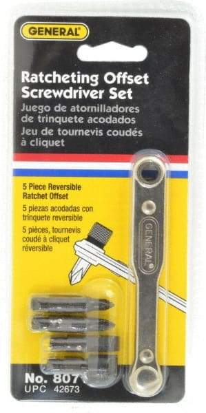 General - 5 Piece Ratcheting Offset Slotted & Phillips Screwdriver Set - 3-7/8" OAL - USA Tool & Supply