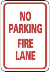 NMC - "No Parking - Fire Lane", 12" Wide x 18" High, Aluminum Fire Lane Signs - 0.08" Thick, Red on White, Engineer Grade Reflectivity, Rectangle, Post Mount - USA Tool & Supply