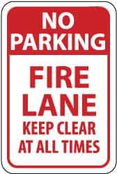 NMC - "No Parking - Fire Lane - Keep Clear at All Times", 12" Wide x 18" High, Aluminum Fire Lane Signs - 0.04" Thick, Red on White, Rectangle, Wall Mount - USA Tool & Supply
