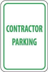 NMC - "Contractor Parking", 12" Wide x 18" High, Aluminum Reserved Parking Signs - 0.08" Thick, Green on White, Engineer Grade Reflectivity, Rectangle, Post Mount - USA Tool & Supply