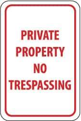 NMC - "Private Property - No Trespassing", 12" Wide x 18" High, Aluminum Parking Lot Traffic Signs - 0.063" Thick, Red on White, Rectangle, Post Mount - USA Tool & Supply