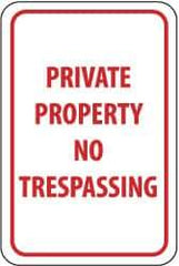 NMC - "Private Property - No Trespassing", 12" Wide x 18" High, Aluminum Parking Lot Traffic Signs - 0.063" Thick, Red on White, Rectangle, Post Mount - USA Tool & Supply