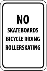 NMC - "No Skateboards Bicycle Riding Rollerskating", 12" Wide x 18" High, Aluminum Parking Lot Traffic Signs - 0.063" Thick, Black on White, Rectangle, Post Mount - USA Tool & Supply