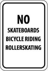 NMC - "No Skateboards Bicycle Riding Rollerskating", 12" Wide x 18" High, Aluminum Parking Lot Traffic Signs - 0.063" Thick, Black on White, Rectangle, Post Mount - USA Tool & Supply