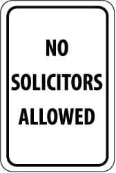 NMC - "No Solicitors Allowed", 12" Wide x 18" High, Aluminum Parking Lot Traffic Signs - 0.04" Thick, Black on White, Rectangle, Post Mount - USA Tool & Supply