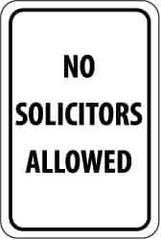 NMC - "No Solicitors Allowed", 12" Wide x 18" High, Aluminum Parking Lot Traffic Signs - 0.04" Thick, Black on White, Rectangle, Post Mount - USA Tool & Supply