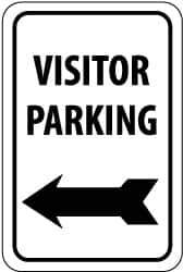 NMC - "Visitor Parking", "Left Arrow", 12" Wide x 18" High, Aluminum Parking Lot Traffic Signs - 0.08" Thick, Black on White, Engineer Grade Reflectivity, Rectangle, Post Mount - USA Tool & Supply