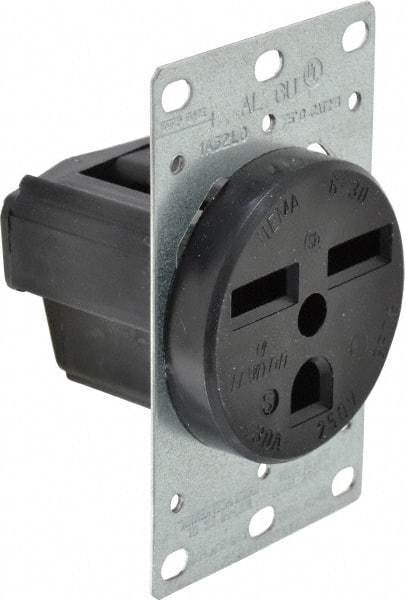 Leviton - 250 VAC, 30 Amp, 6-30P NEMA Configuration, Black, Industrial Grade, Self Grounding Single Receptacle - 1 Phase, 2 Poles, 3 Wire, Flush Mount, Tamper Resistant - USA Tool & Supply